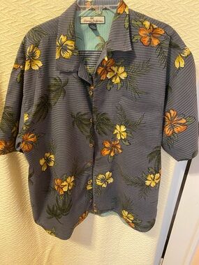 Tommy Bahama Navy Hawaiian Shirt with Yellow & Orange Floral Print